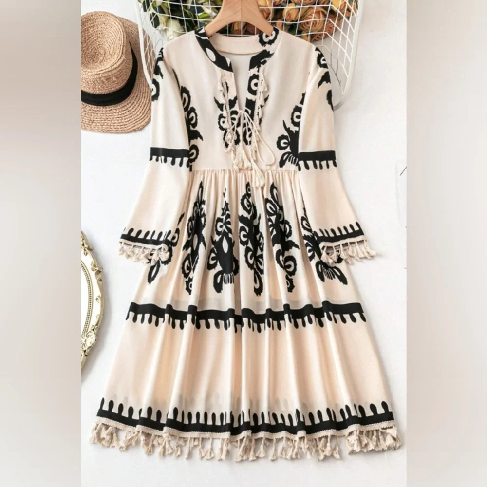 - Beige Ethnic Print Notch V Neck Fringe Mini Dress - Picture 1 of 8
